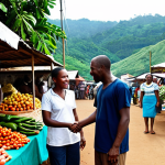 **

A bustling outdoor market scene in São Tomé, with vendors selling local produce and crafts. In the foreground, a foreign entrepreneur is shaking hands with a local business owner, symbolizing partnership and local engagement. The background shows lush green hills and a clear blue sky, highlighting the country's natural beauty and the importance of environmental sustainability. The overall mood is optimistic and collaborative.

**