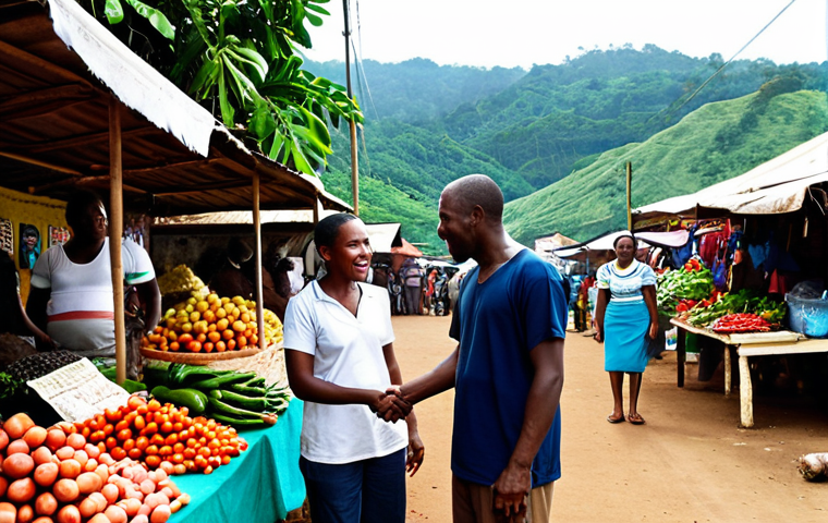 **

A bustling outdoor market scene in São Tomé, with vendors selling local produce and crafts. In the foreground, a foreign entrepreneur is shaking hands with a local business owner, symbolizing partnership and local engagement. The background shows lush green hills and a clear blue sky, highlighting the country's natural beauty and the importance of environmental sustainability. The overall mood is optimistic and collaborative.

**